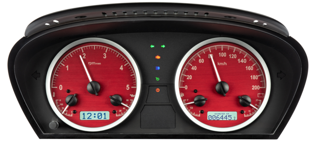 Car dashboard with red gauges. Shows RPM and speedometer readings, along with indicator lights and odometer readings.