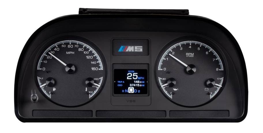Black car dashboard with speedometer, tachometer, digital display, and M6 logo.