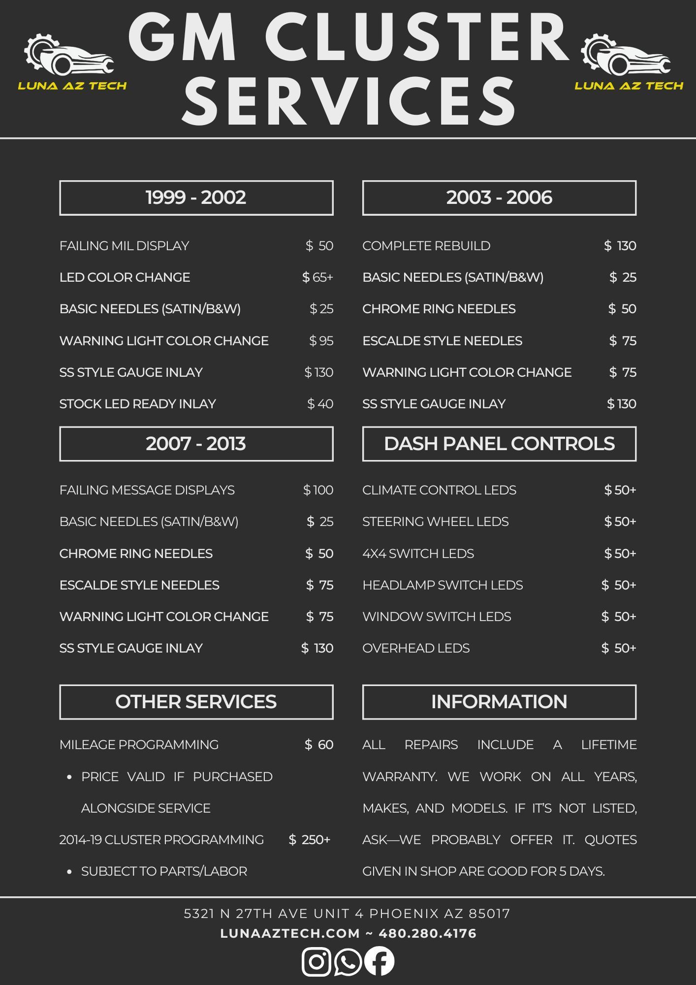 GM cluster services price list: car models, services, prices. Dark gray background, white text.