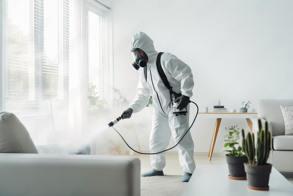 a man in a protective suit is disinfecting a living room with a sprayer .