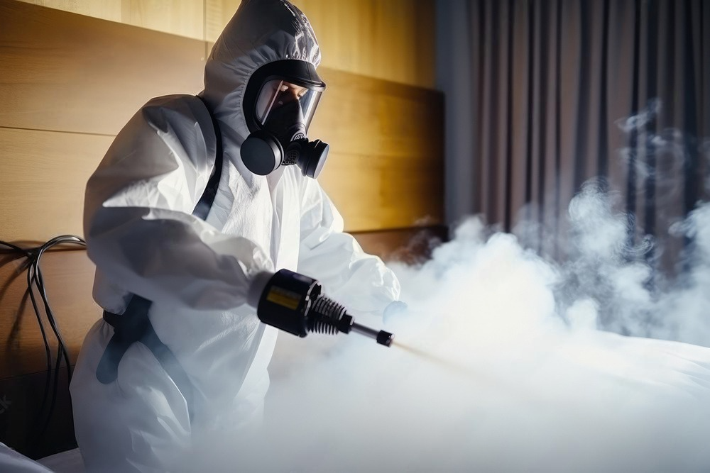 a man in a protective suit and gas mask is disinfecting a bed .