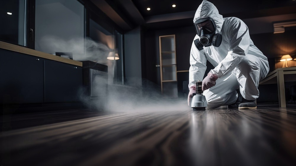 a man in a protective suit is spraying a room with a sprayer .