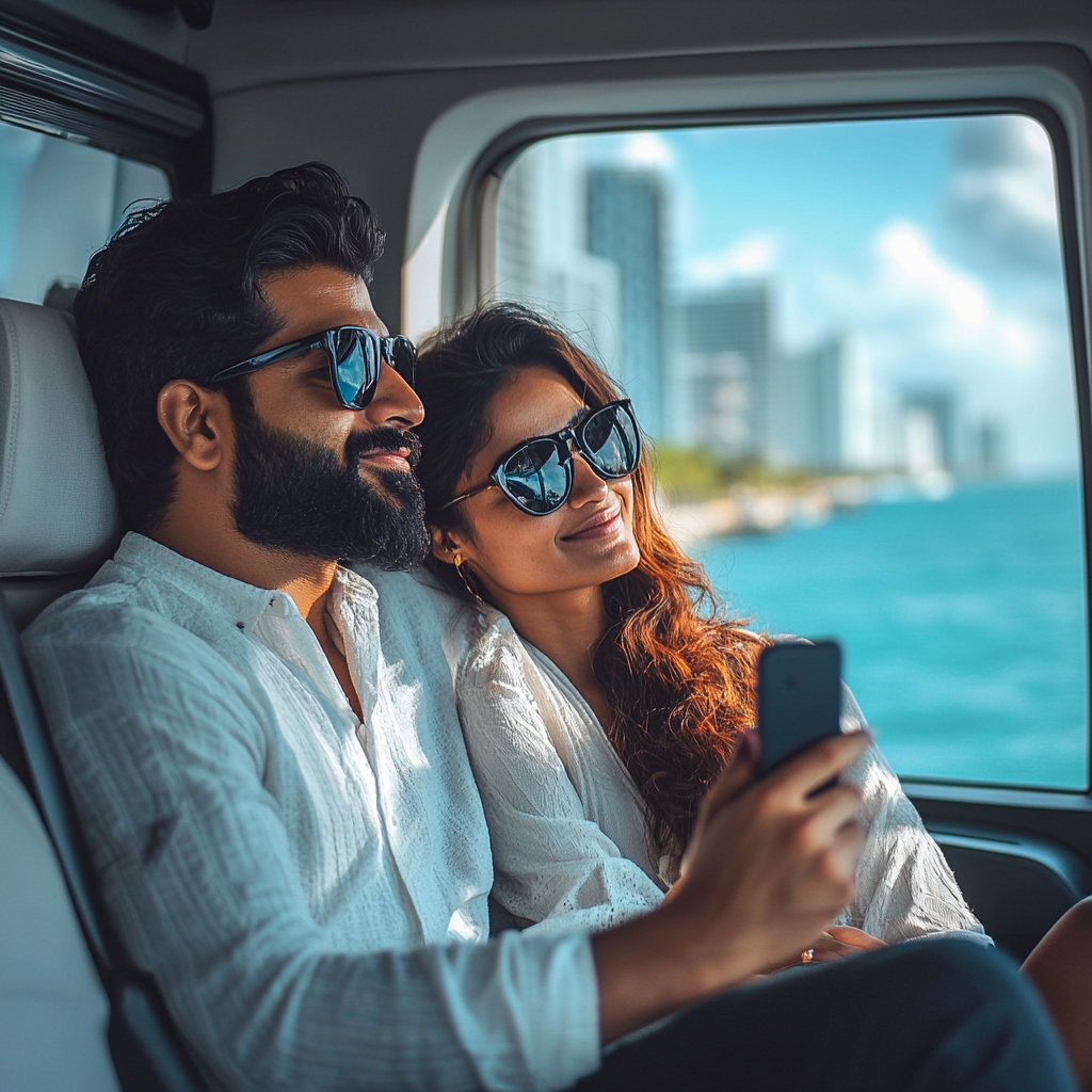 Couple enjoying a Miami Sightseeing Tour on a city tour bus
