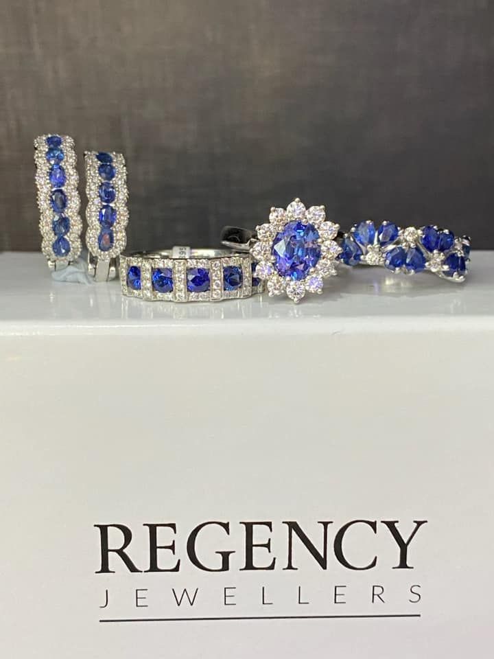 Jewelry Display: Earrings, Rings With Blue Sapphires and Diamonds — Regency Jewellers in Cairns City, QLD