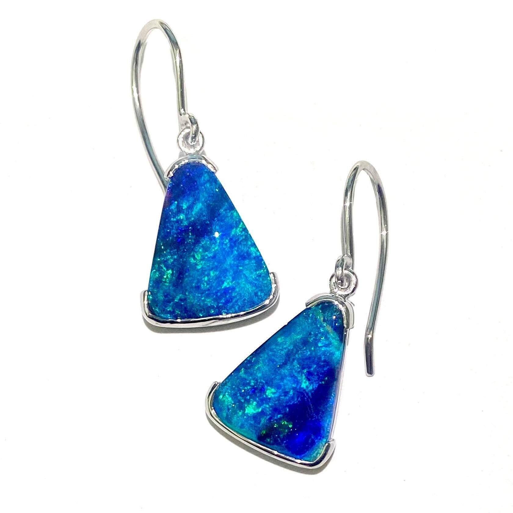 Pair of Silver Earrings With Triangular Blue Opal Gemstones — Regency Jewellers in Cairns City, QLD