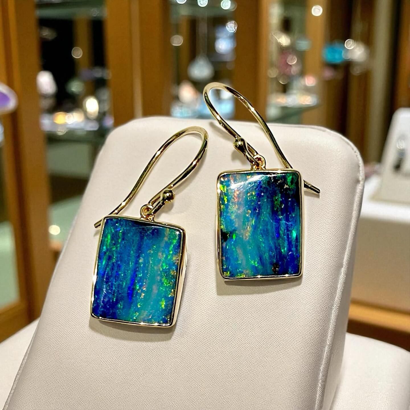 Gold Earrings With Rectangular Blue and Green Opals — Regency Jewellers in Cairns City, QLD
