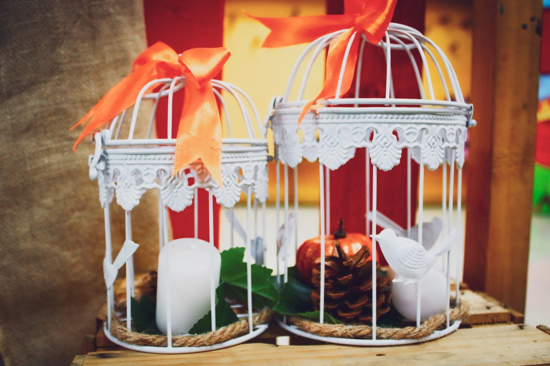 Due gabbie per uccelli piene di candele e pigne su un tavolo di legno.