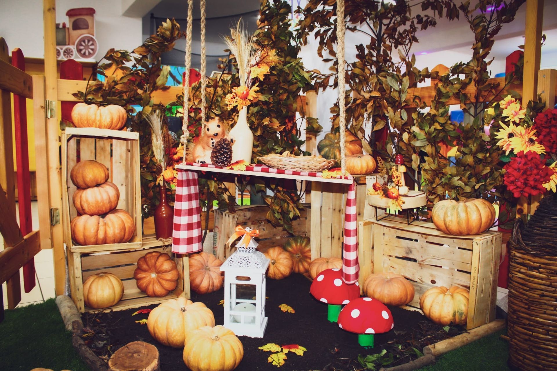 Una mostra di zucche e funghi con un'altalena sullo sfondo