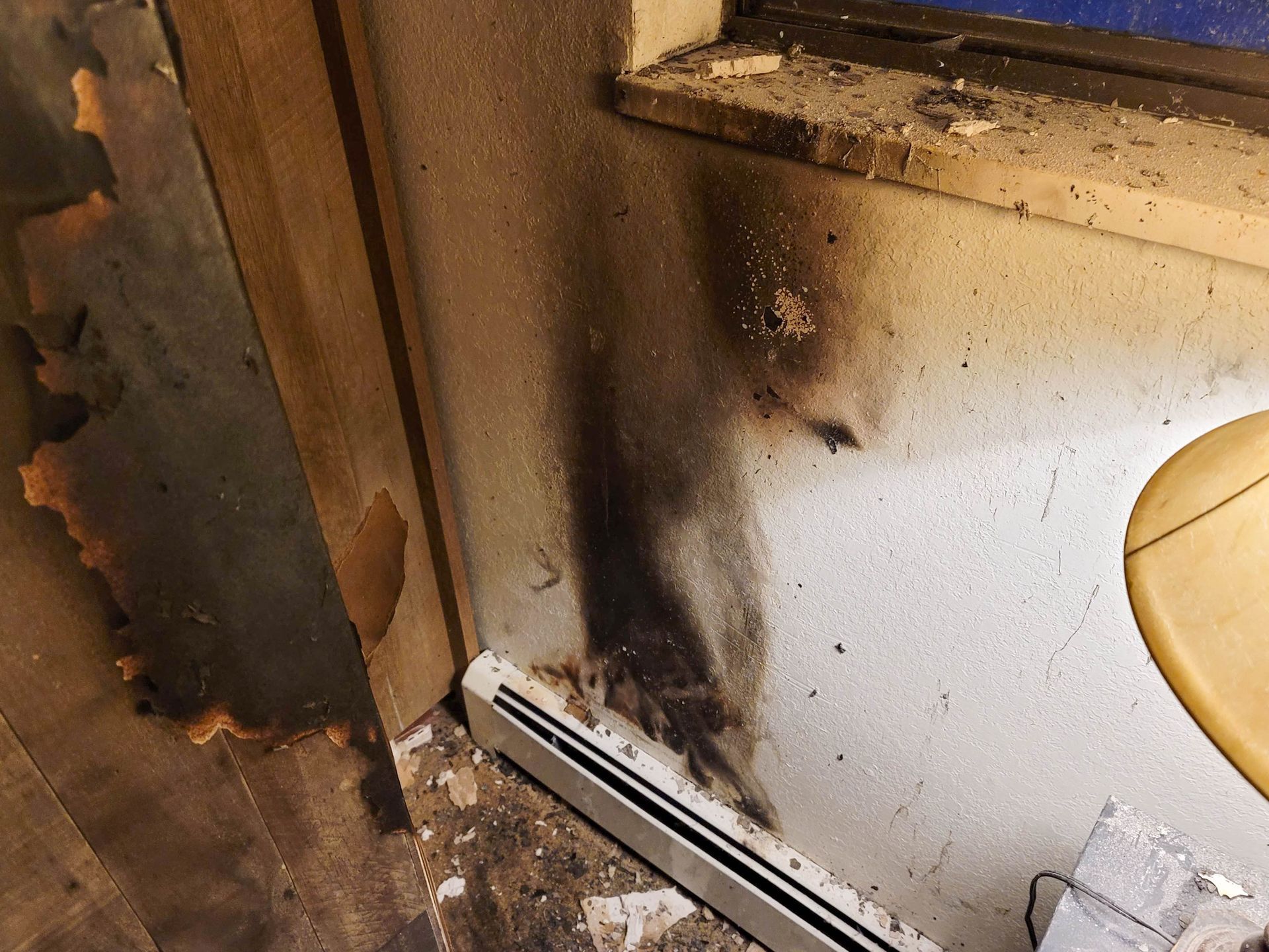 Fire damage to a wall.