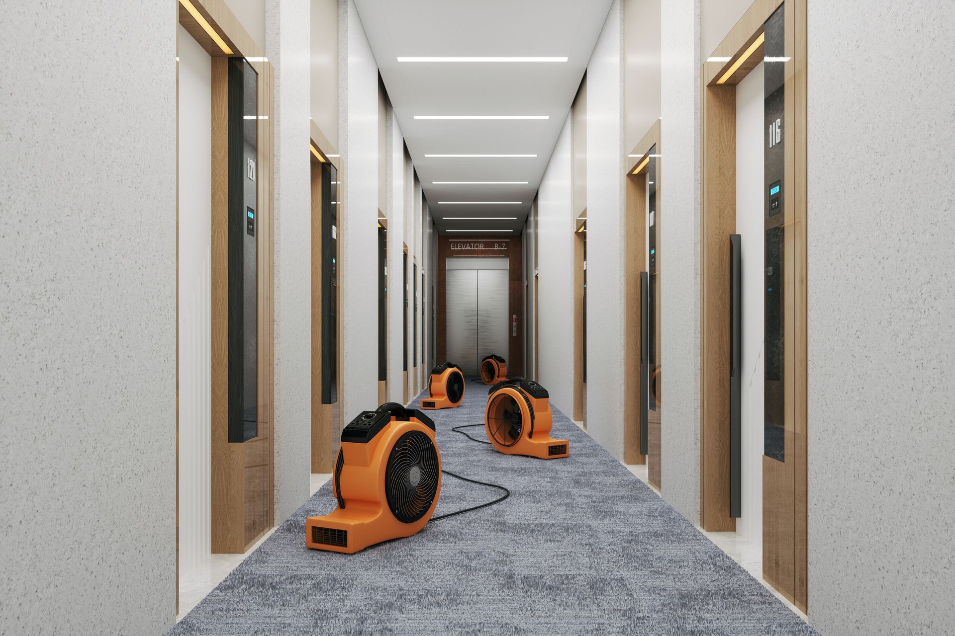 Industrial dryers in hotel hallway during professional water restoration services process.