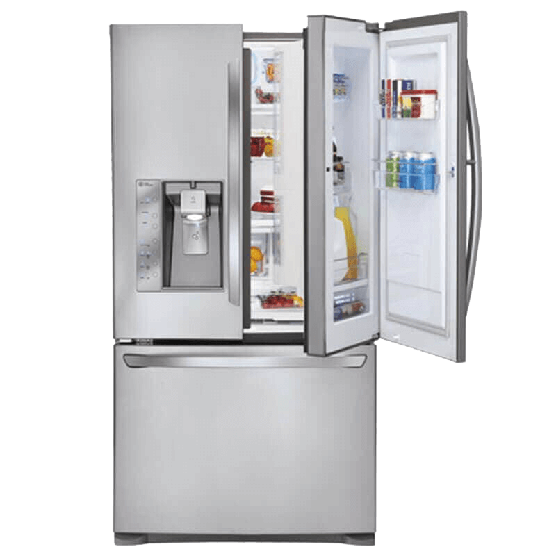 Un refrigerador de acero inoxidable con sus puertas abiertas y un dispensador de agua.