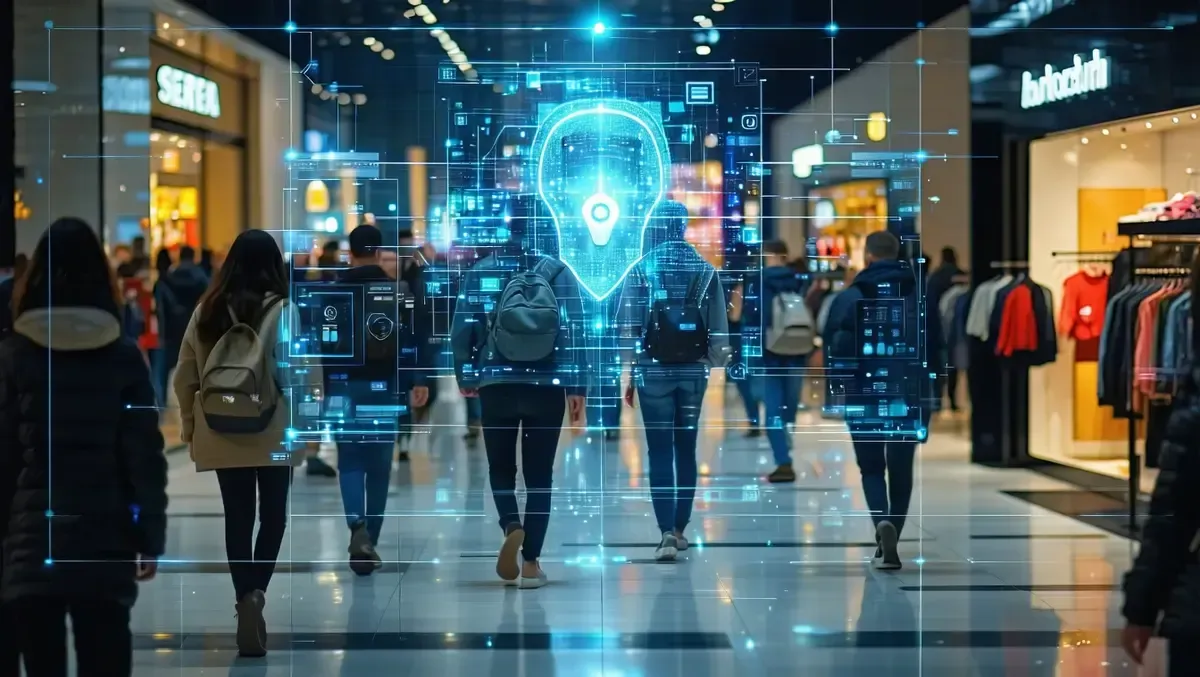 People walking in a shopping mall with digital security surveillance overlays featuring blue glowing icons.