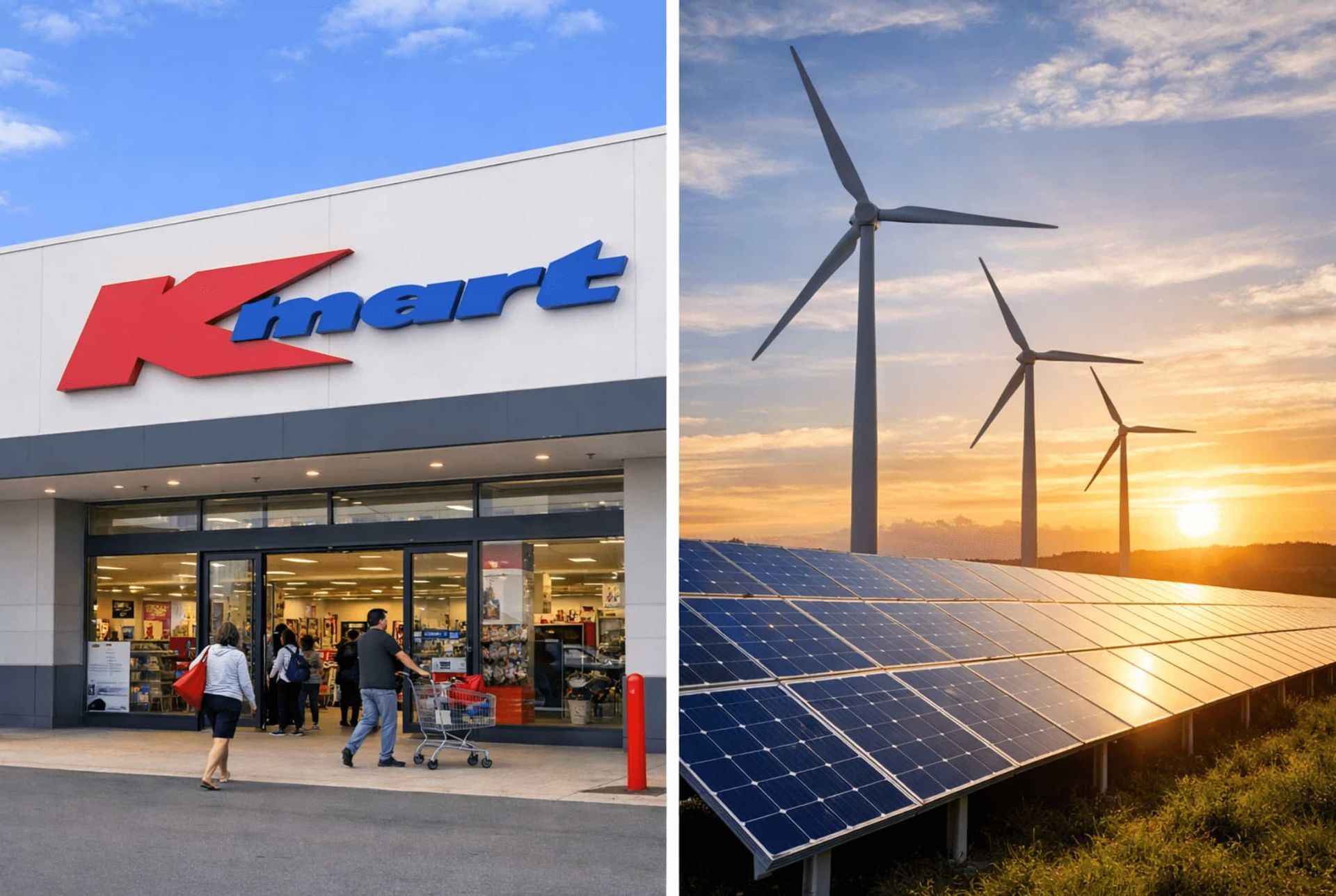 A split screen showing a Kmart store entrance on the left and a wind and solar farm at sunset on the right.