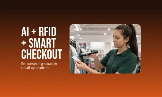 AI + RFID + smart checkout with a store worker using a tablet in a retail aisle
