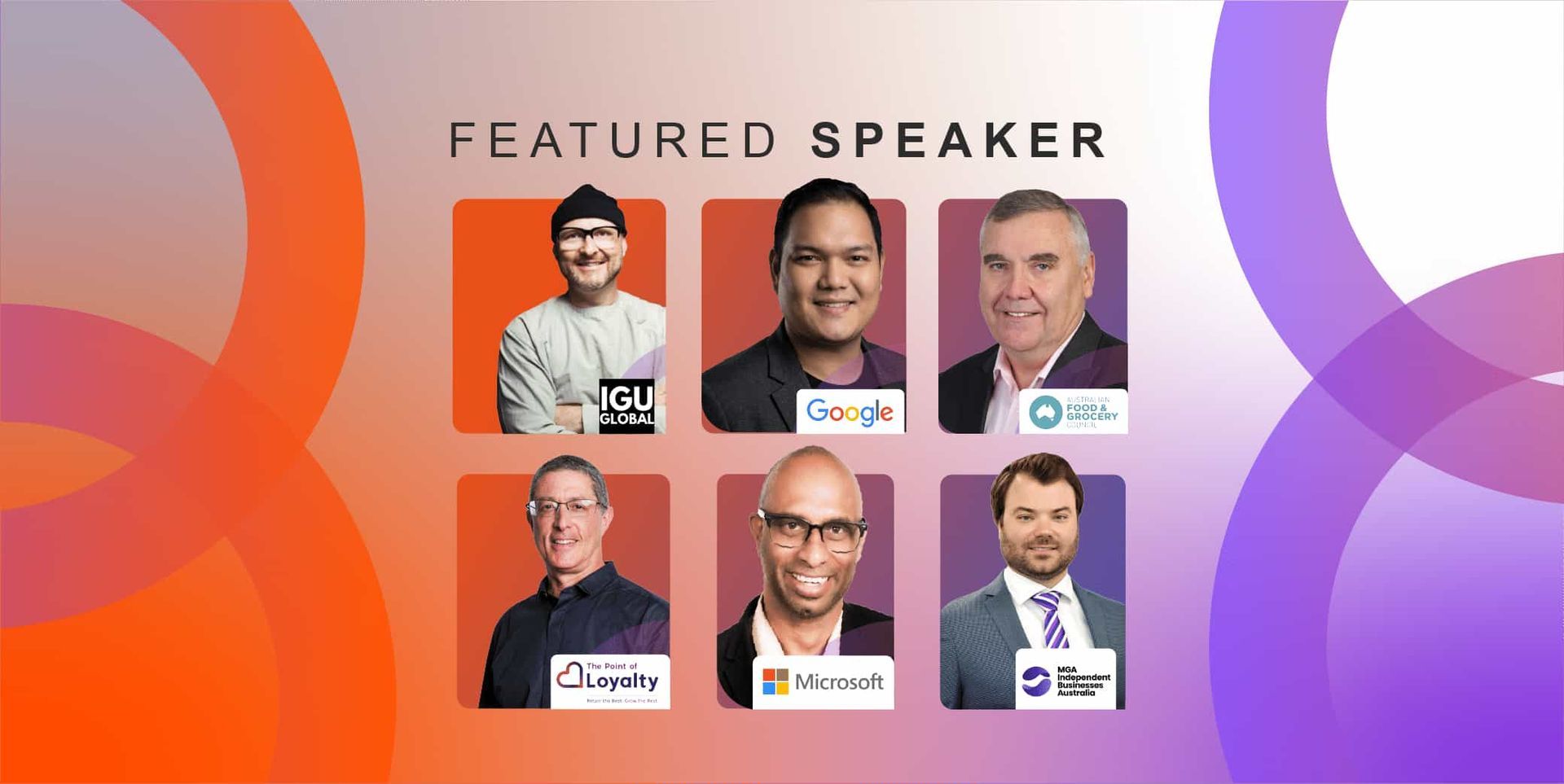 Featured speakers, headshots with company logos on a colorful background.