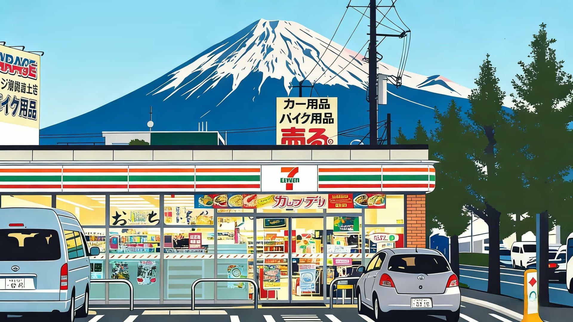 Pixelated 7-Eleven store with Mount Fuji in the background. Cars parked in front.
