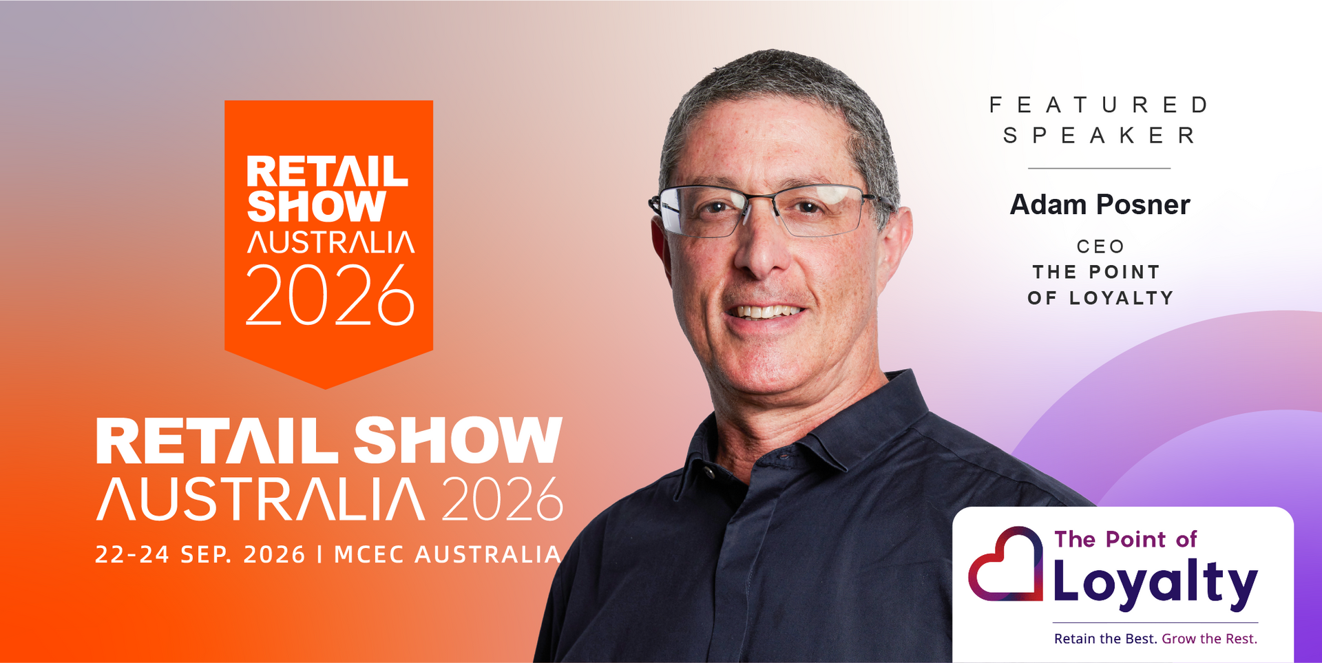 A man with glasses is featured as a keynote speaker at Retail Show Australia 2026.