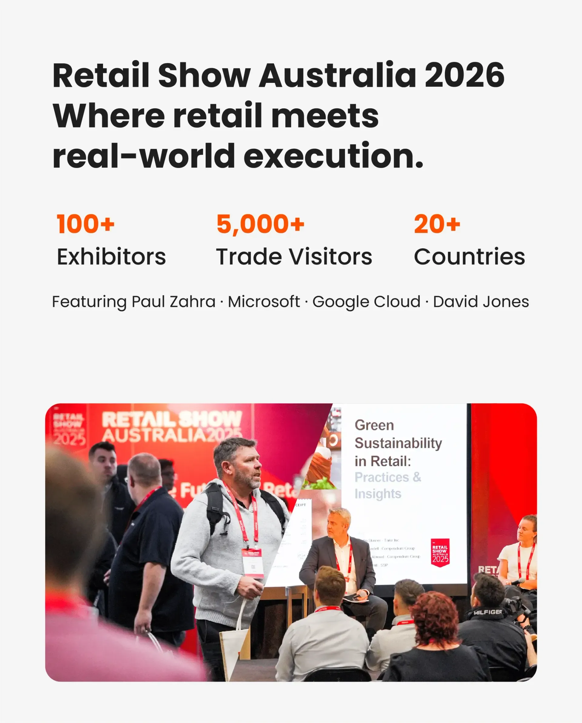 Retail Show Australia 2026 promo with event stats and a speaker presenting to seated attendees on stage