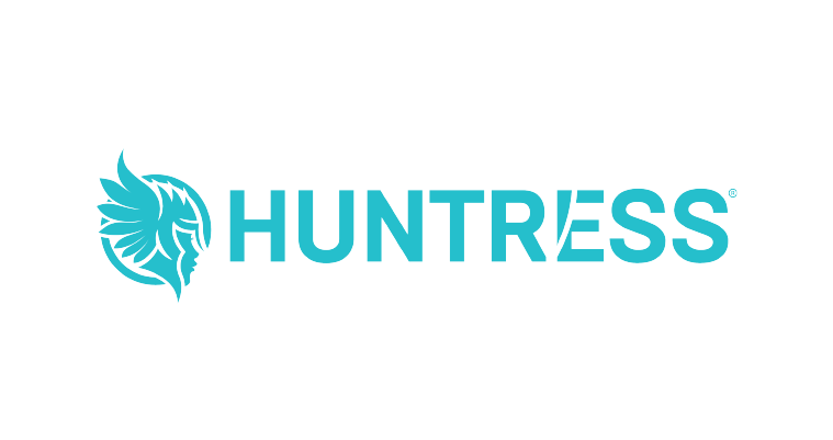 Turquoise HUNTRESS logo with a stylized wolf head icon on a white background