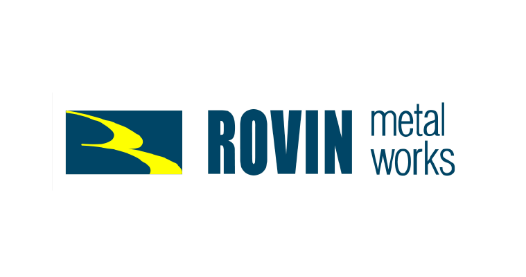 ROVIN metal works logo with blue and yellow emblem and text on white background