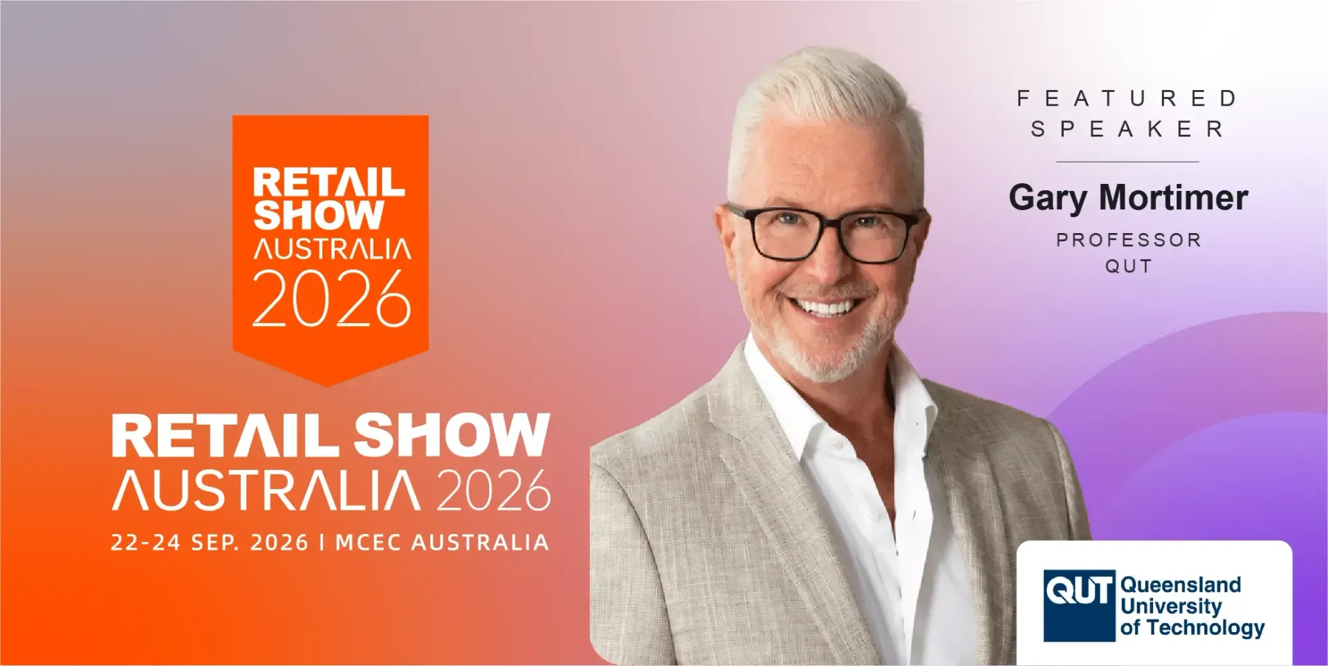 Retail Show Australia 2026 promo with smiling man on pink-purple gradient background and event branding