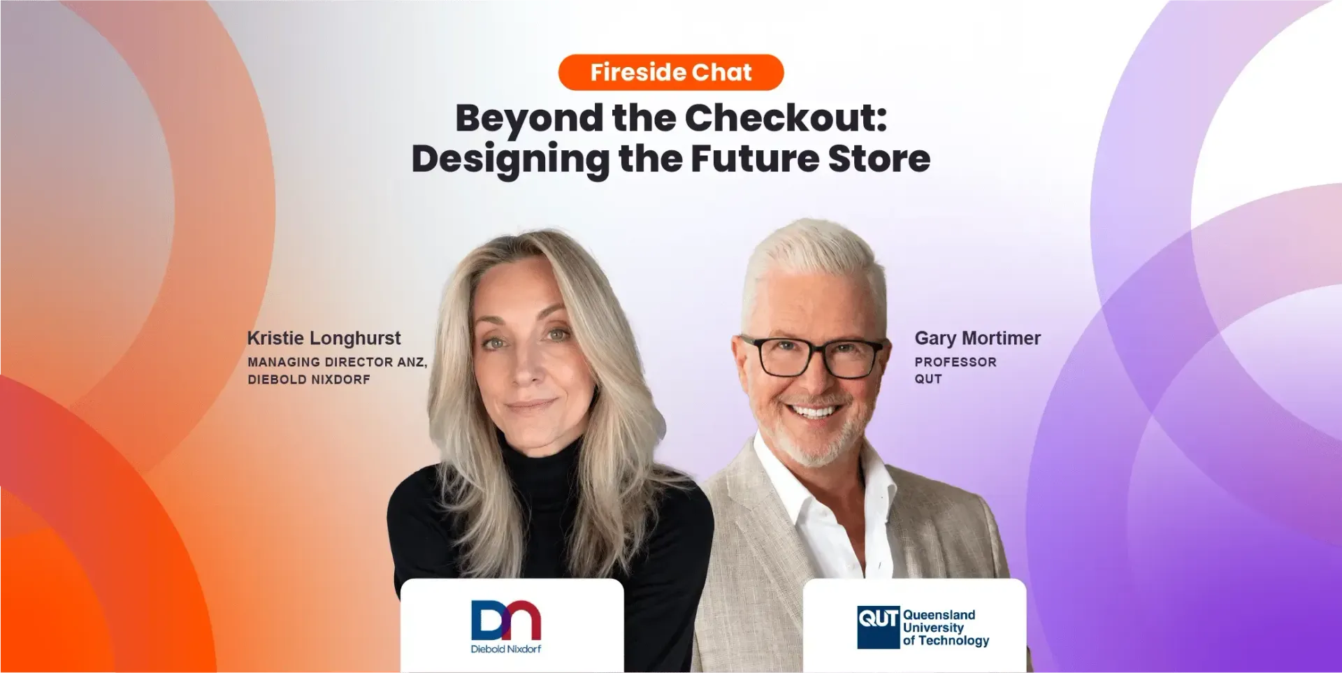 Promotional banner titled “Beyond the Checkout: Designing the Future Store” with two presenters on a purple-orange gradient background