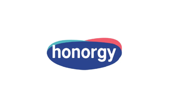 Honorgy logo in white text on a blue oval with a pink and teal accent above