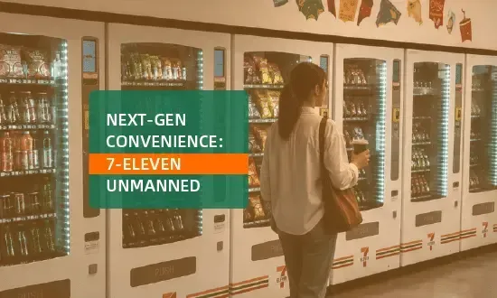 Woman standing at a row of 7-Eleven self-service lockers with “Next-gen convenience” sign.