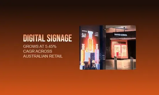 Orange digital signage slide with retail ad text and two storefront images on the right