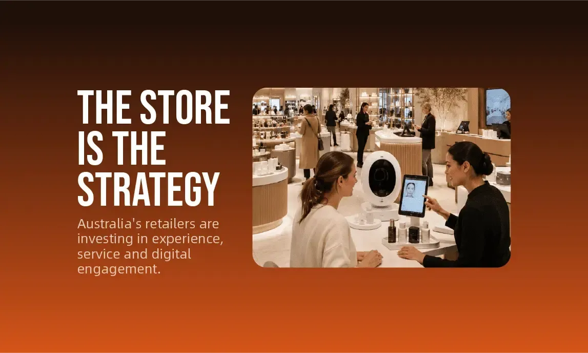 Retail staff demoing a device in a bright store, with text reading