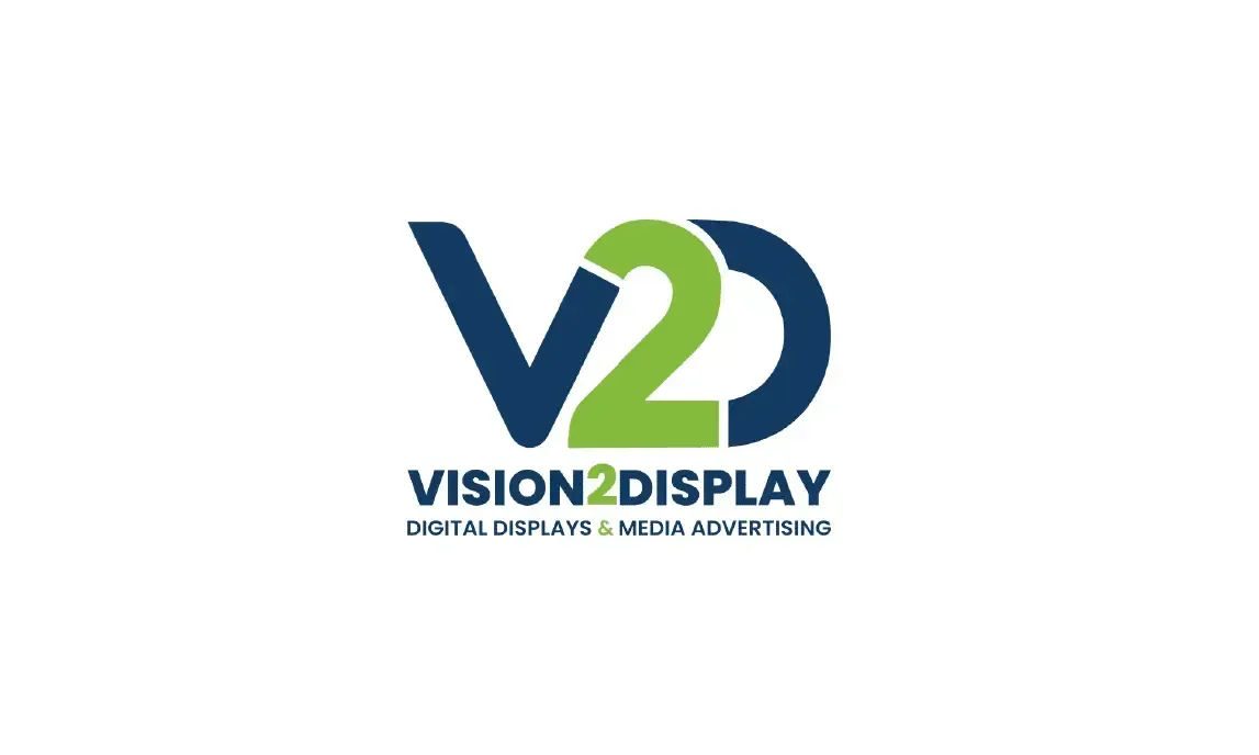 Vision2Display logo with blue and green stylized V2D text on white background