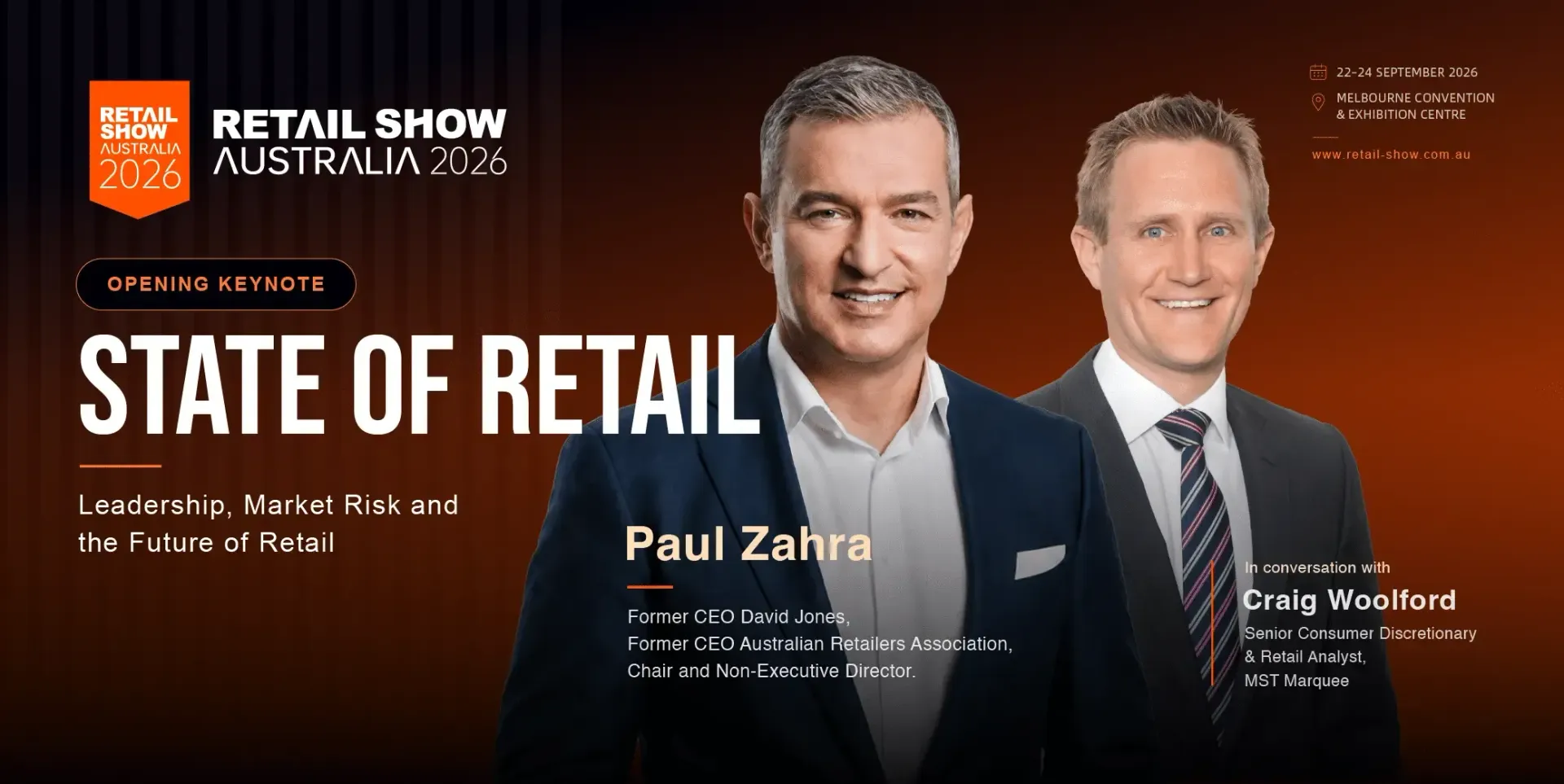 Two men in suits on a dark orange “STATE OF RETAIL” event poster with text and logo at top