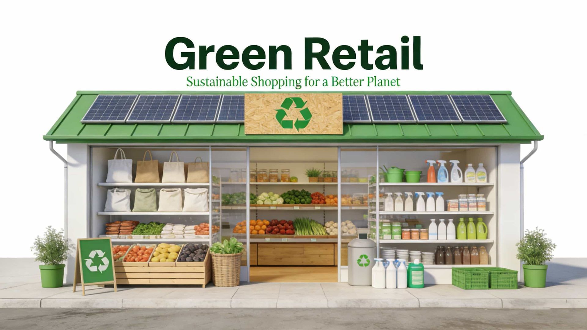 Green retail store with solar panels and recycled products.