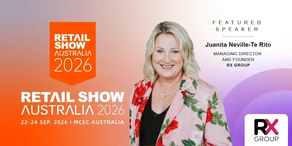 Retail Show Australia 2026 promo with speaker portrait, orange and purple design, RX logo and event details