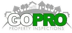 A logo for gopro property inspections with houses and trees in the background.