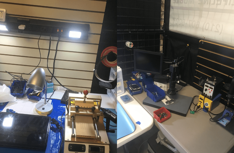 Two pictures of a workbench with a microscope and a laptop on it
