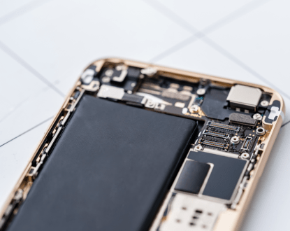 The inside of a cell phone with the battery removed