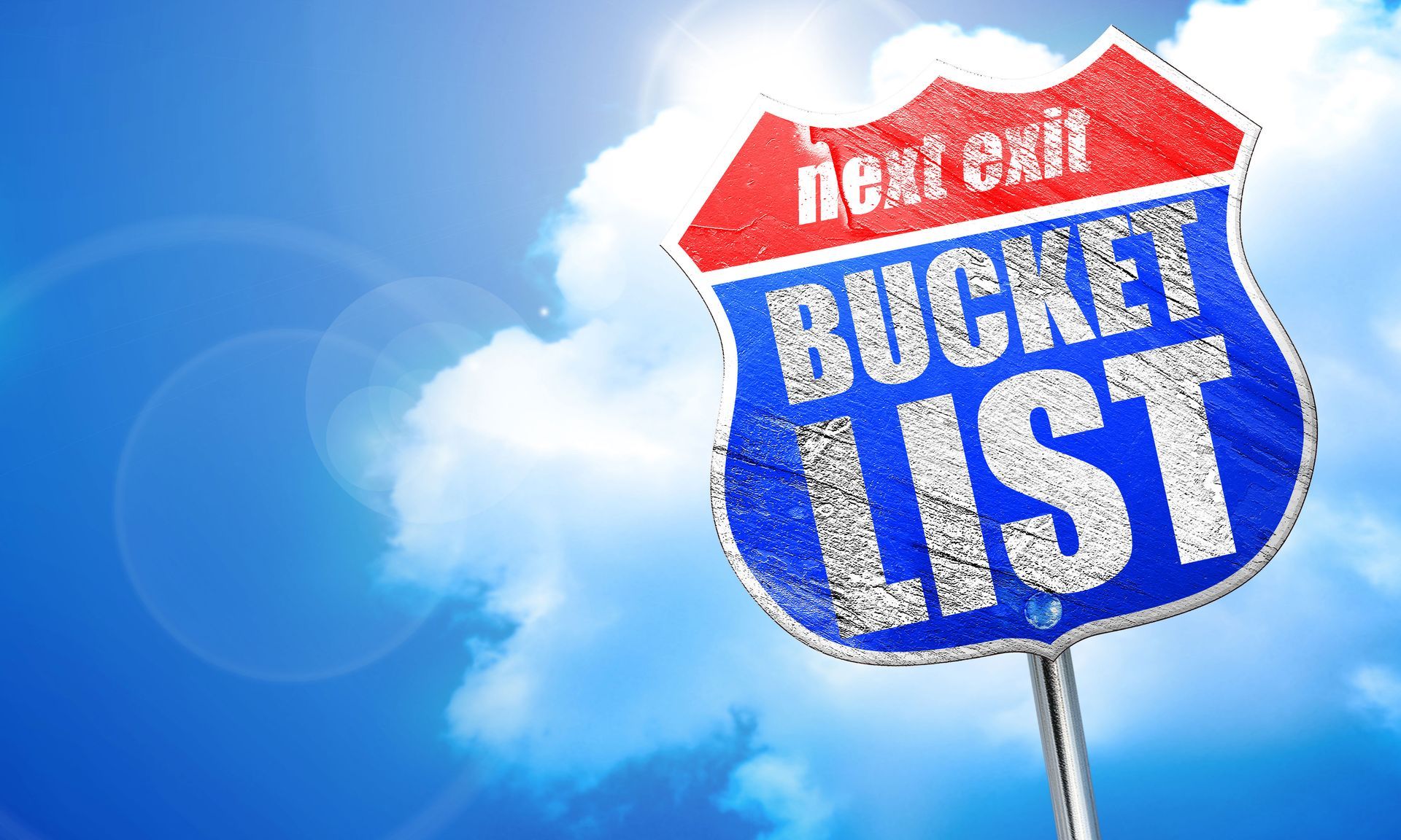 A blue and red sign that says next exit bucket list