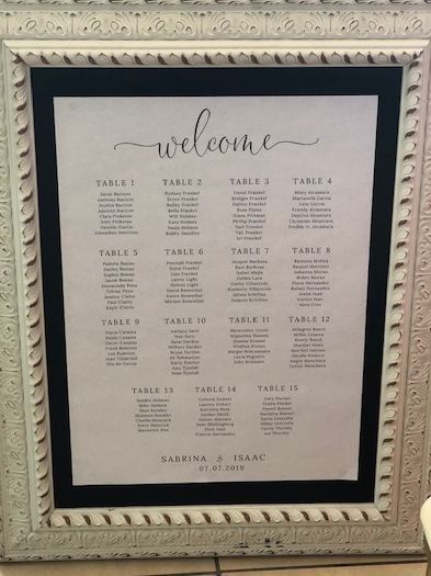 A framed seating chart with the words welcome on it