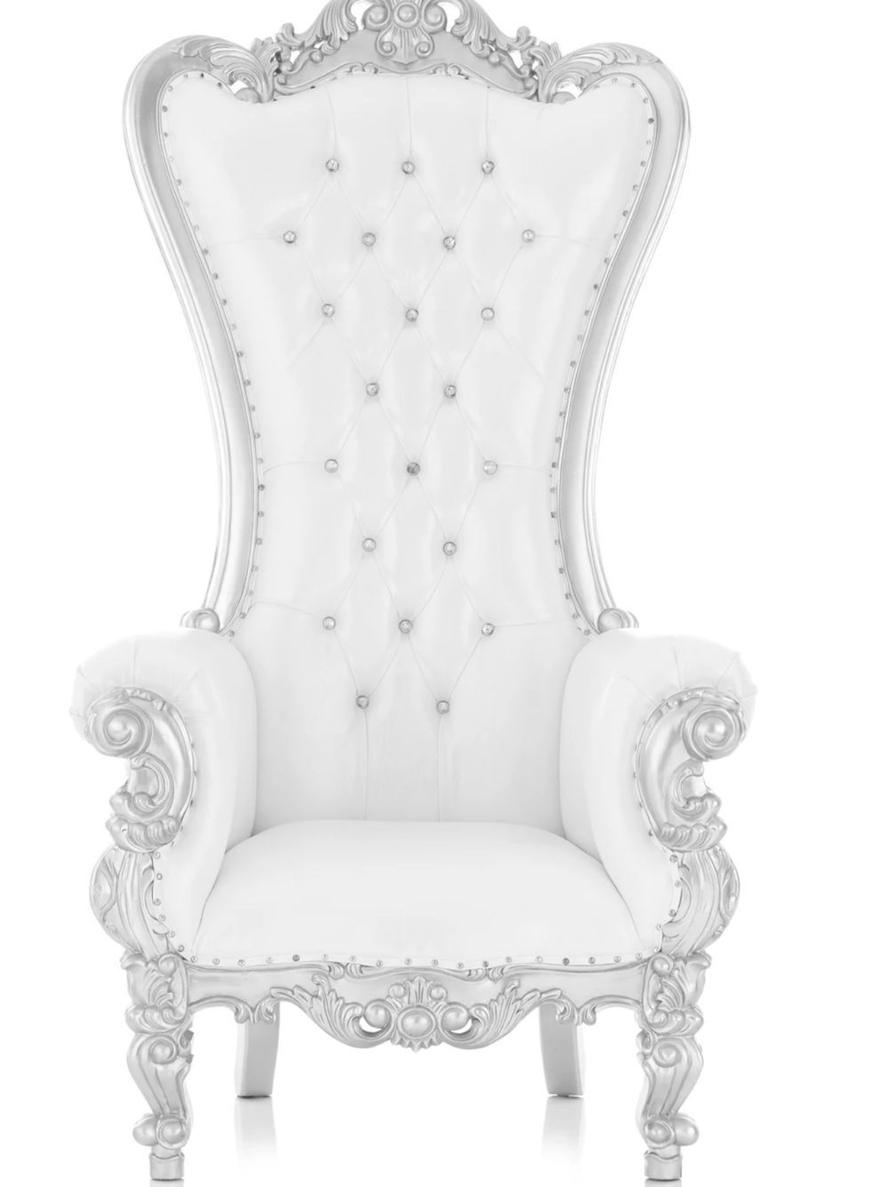 A white throne chair with silver trim on a white background.