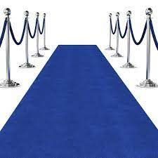 A blue carpet and rope barriers on a white background.