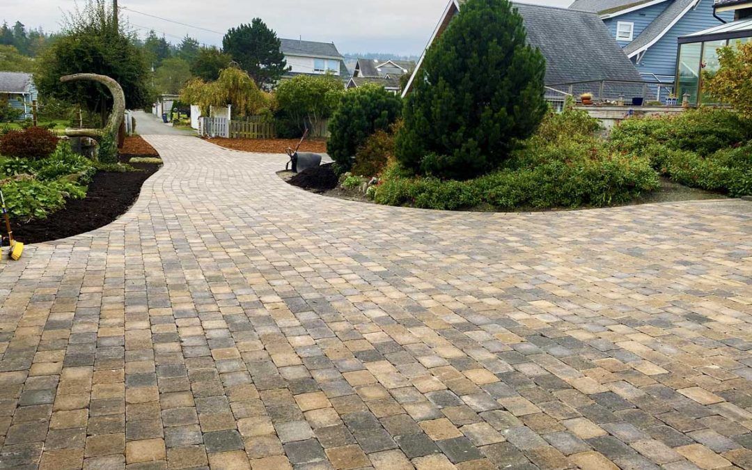 Brick driveway leading to houses and greenery.