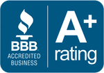 BBB Accredited Business logo with a blue background, flame, and A+ rating.