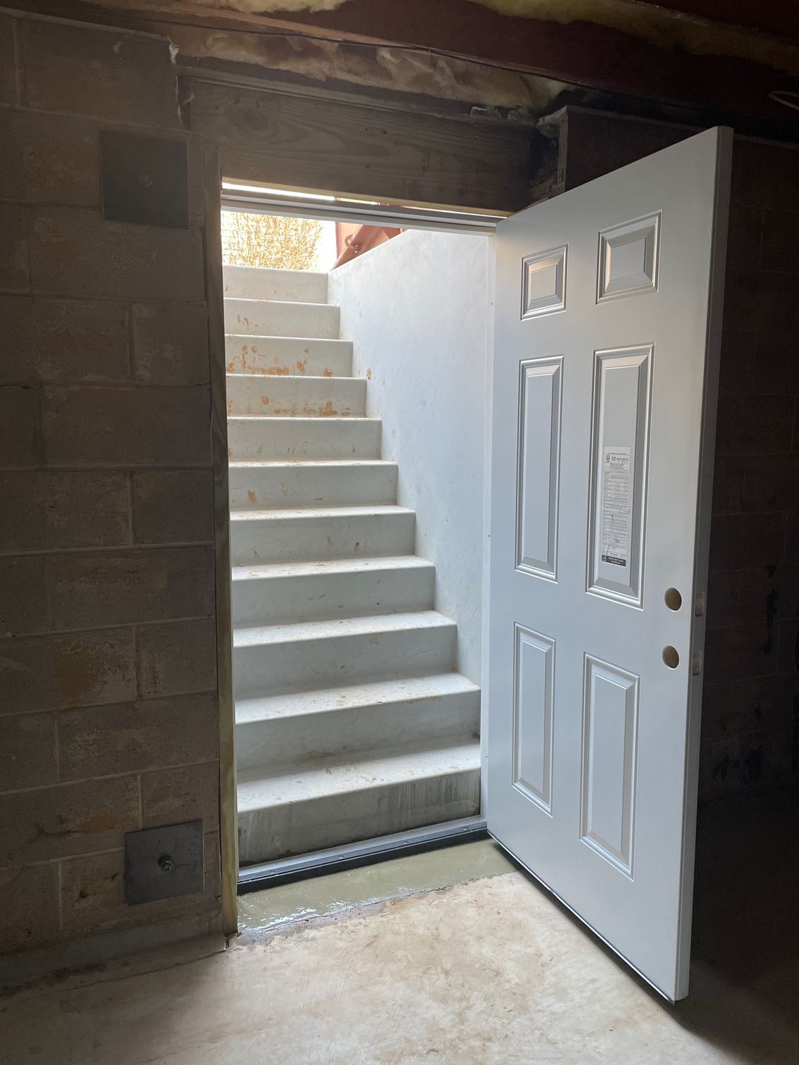 A white door is open to a staircase in a basement.