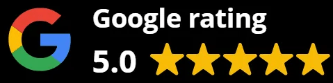 A google rating of 5.0 stars is shown on a black background.