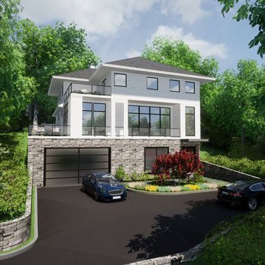 An artist 's impression of a house with a car parked in front of it.