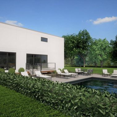 An artist 's impression of a house with a swimming pool and patio furniture.