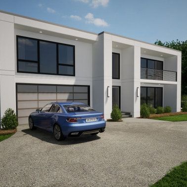 A blue car is parked in front of a white house