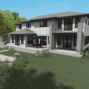 An artist 's impression of a large house with a large lawn in front of it.