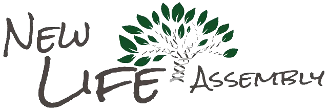 a logo for a new life assembly with a tree and leaves .